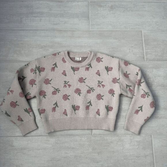 Lelis Light Pink Floral Sweater Rose Dusty Blush Crop Long Sleeve Drop Shoulder - Picture 1 of 8